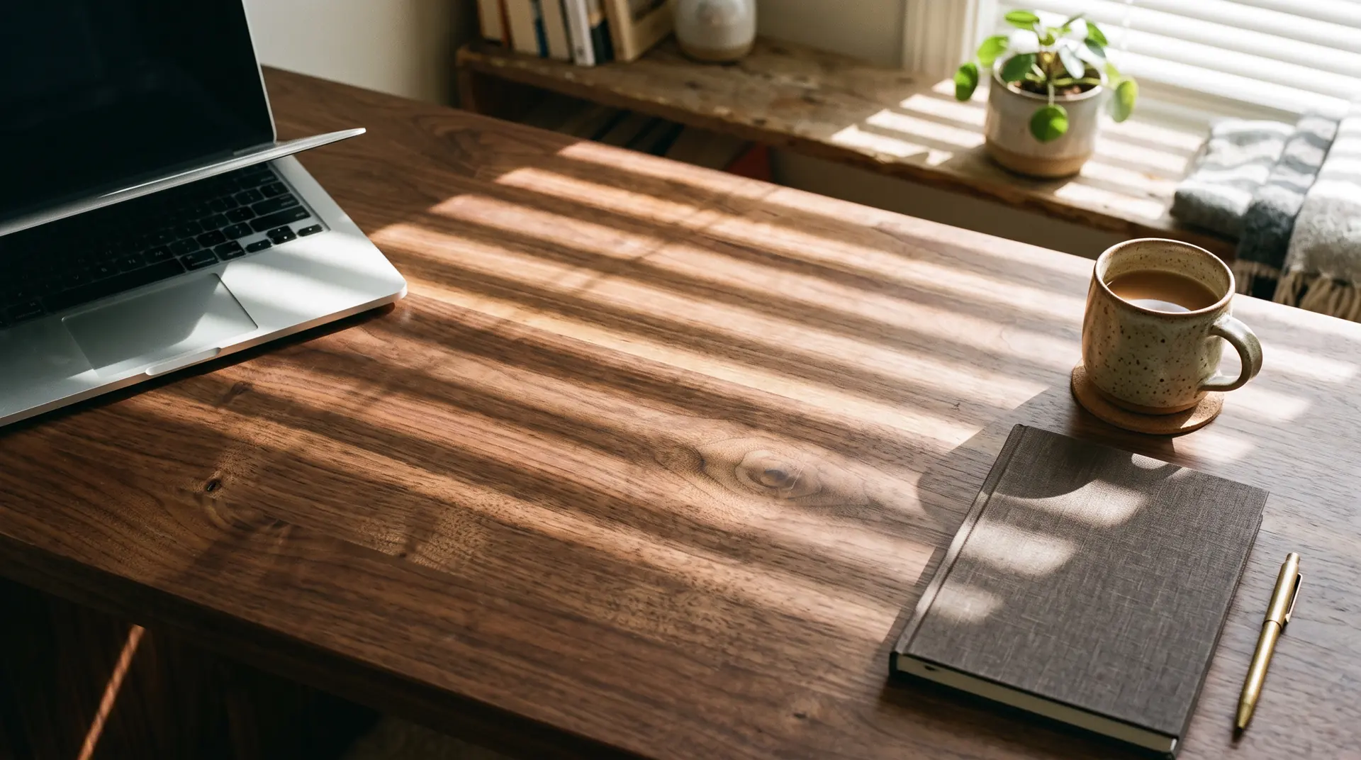 Escritorio de madera con una taza de café y una libreta, bajo la luz de una persiana
