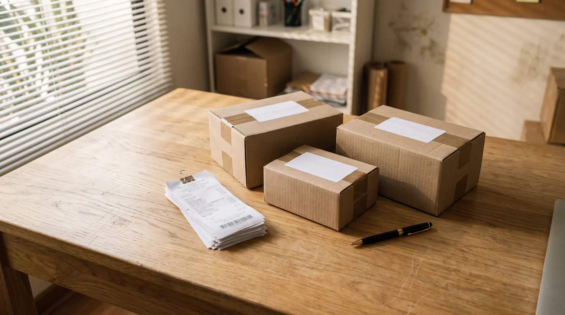 Escritorio con cajas de despacho y boletas impresas, mientras avanza la luz de una persiana